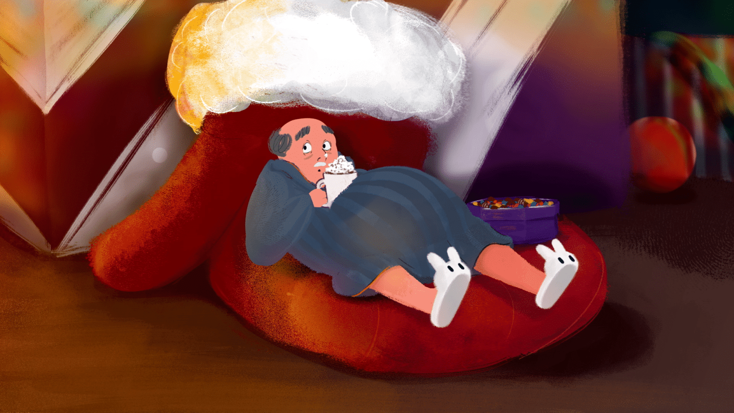 seasonal animated short film - man drinking hot chocolate on bean bag