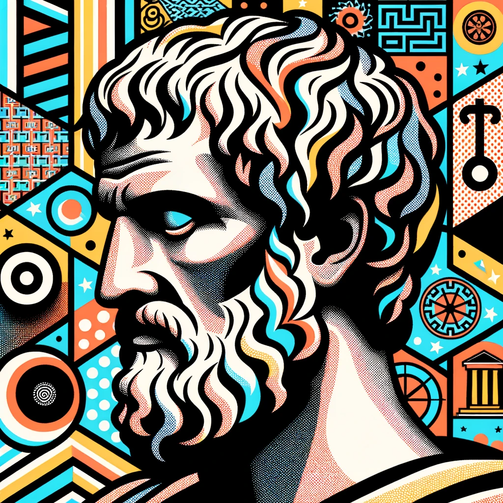 vector illustration of aristotle in a pop art style. his profile is outlined with bold black lines, filled with geometric patterns and bright contrast