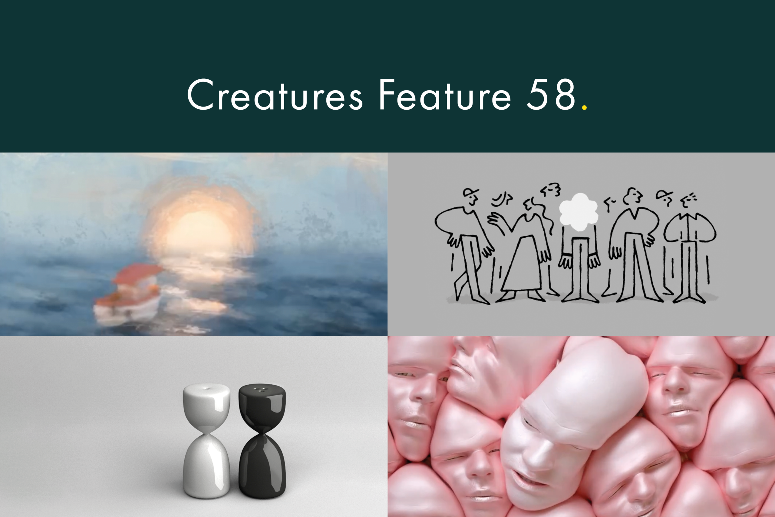 A blog image by Content Creatures, a creative agency specialising in video production and animation, for the 'Creature Feature' series. t features a collage of four artworks: a seascape, a line drawing of people, abstract salt and pepper shakers, and a surreal cluster of faces.