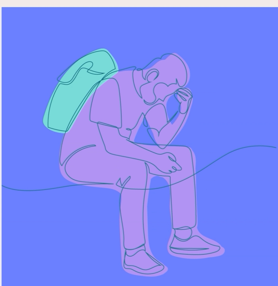 The image features a seated person with a backpack, resting their head in contemplation. Designed by Content Creatures, a creative agency specialising in video production and animation, for PDA Society as part of a client case study on brand development.