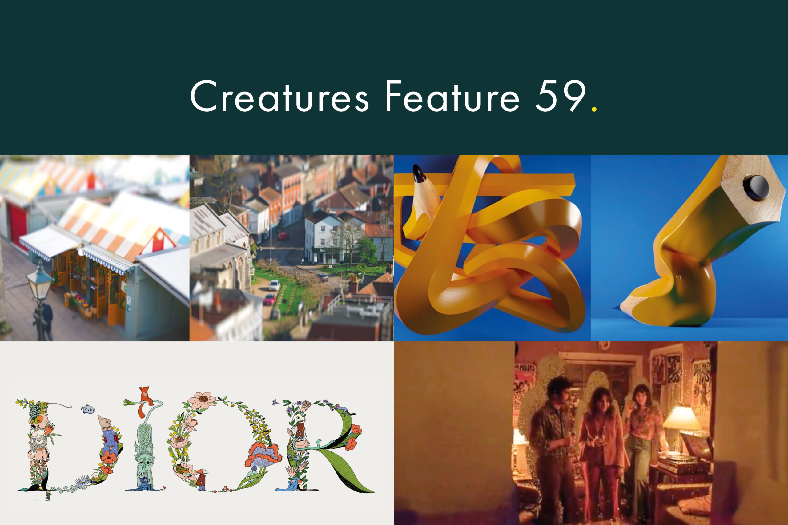 A blog image by Content Creatures, a creative agency specialising in video production and animation, for the 'Creature Feature' series. It features a collage of visual highlights from the month, including tilt-shift photography of a cityscape, abstract 3D animations of a ribbon and pencil, Dior floral typography, and a nostalgic film stil.