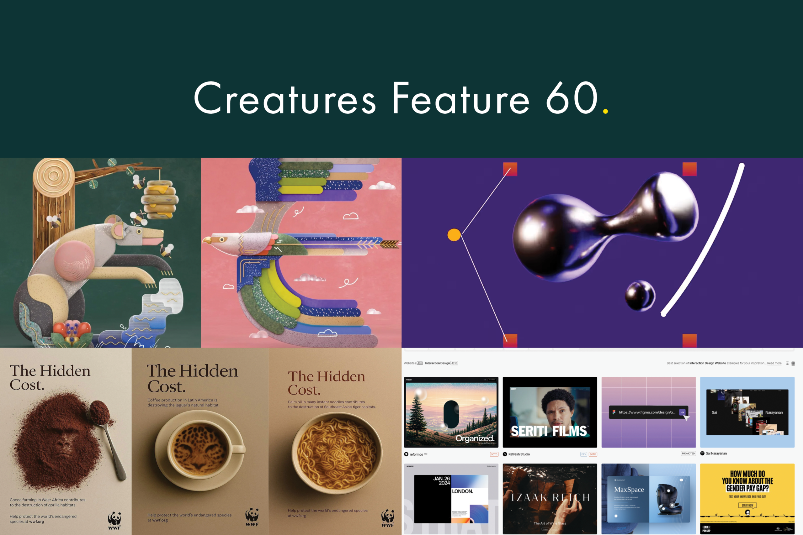 A blog image by Content Creatures, a creative agency specialising in video production and animation, for the 'Creature Feature' series. It features colourful, textured illustrations of stylised animals, dynamic abstract shapes in vibrant animations, impactful visuals from WWF's "Hidden Cost" campaign creatively highlighting wildlife conservation, and screenshots showcasing contemporary digital and interactive design inspirations.