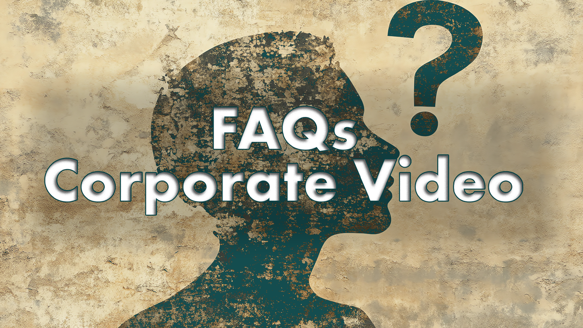 A blog image by Content Creatures, a creative agency specialising in video production and animation, designed for a blog on,"FAQs Corporate Video". The image features bold typography reading 'FAQs Corporate Video' positioned over the textured silhouette of a human head with a prominent question mark, symbolising curiosity and inquiry about corporate video content.