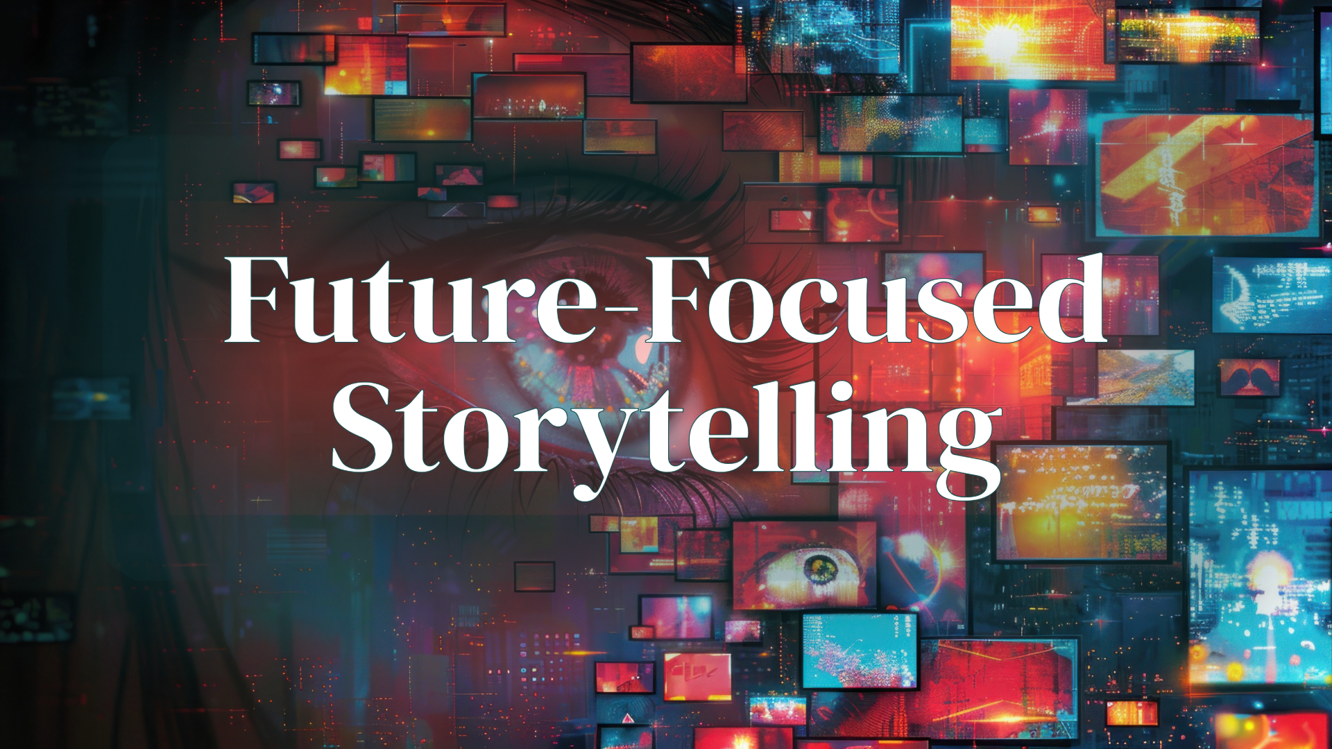 A blog image by Content Creatures, a strategic storytelling agency specialising in video production and animation, designed for a blog on future -focused storytelling. he image features a close-up of a human eye surrounded by a mosaic of glowing, futuristic digital screens in vibrant reds, blues, and oranges. The phrase ‘Future-Focused Storytelling’ is prominently displayed in bold white serif font.