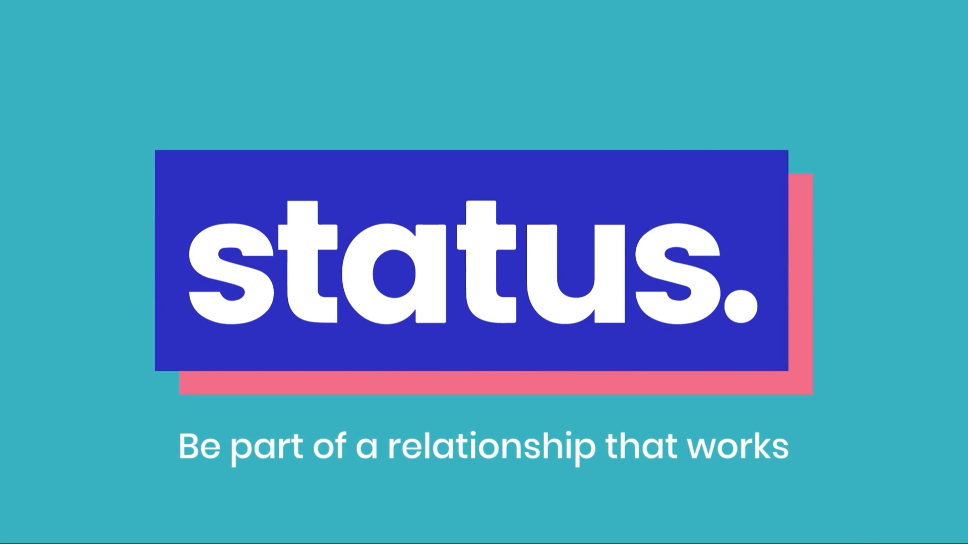 An image by Content Creatures, a strategic storytelling agency. It features the Status Online logo in bold blue and white, framed with pink and teal brand colours, alongside the tagline ‘Be part of a relationship that works'.